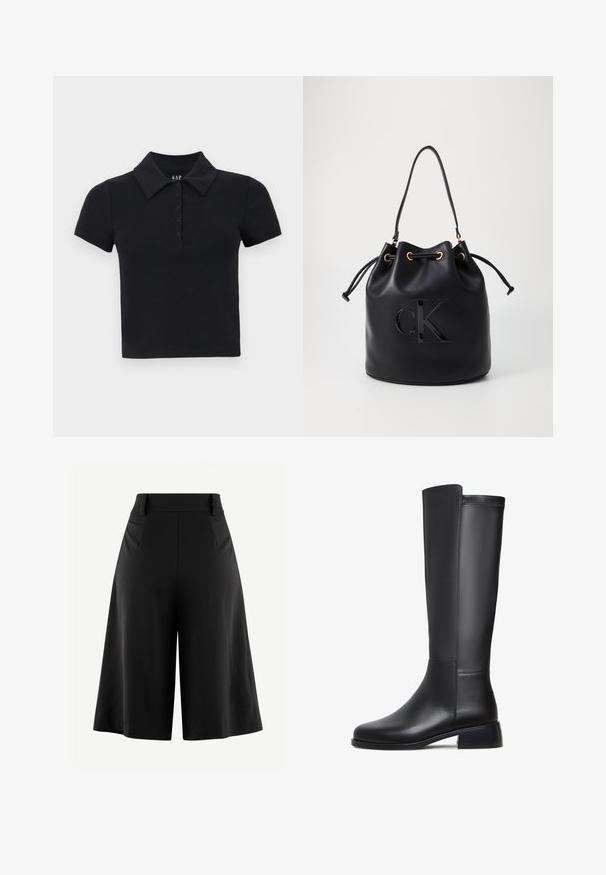 Czarna, krótko rękawowa koszulka polo z kołnierzykiem, z zapięciem na guziki i miękkim, teksturowanym materiałem bawełnianym. Logo marki umieszczone wewnątrz kołnierza.; Czarne spodnie o szerokich nogawkach z plisowanym przodem, wysokim stanem i gładką fakturą materiału. Posiadają czysty, minimalistyczny design bez widocznych elementów metalowych.; Czarne skórzane kozaki sięgające kolan o gładkiej fakturze, okrągłym czubku, niskim obcasie słupkowym i subtelnym przeszyciu wzdłuż boku.; Czarna skórzana torba typu bucket z zaciąganym zamknięciem, z błyszczącym logo "CK" z przodu i złotymi akcentami.