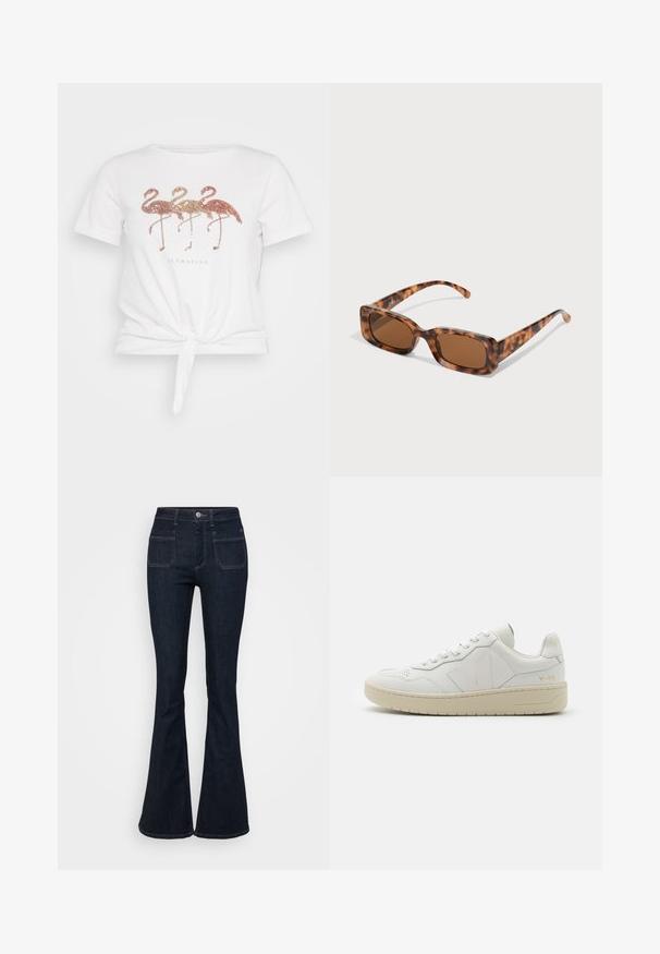 Valkoinen lyhythihainen T-paita, jossa on vyötärölle solmittava nauha. Paidassa on kolme kimaltelevaa flamingoa ja tekstinä "Flamazing" kuvaston alapuolella.; Tummansiniset leveälahkeiset farkut, joissa on korkeavyötärö, viisi taskua ja kontrastiväriset ompeleet saumoissa. Tasainen tekstuuri.; Valkoiset nahkakengät, joissa on rei'itetty varvasosa, kontrastoiva beige kumipohja sekä logo-yksityiskohtia sivuilla ja kantapäässä. Minimalistinen muotoilu.; Aurinkoaurinkolasit kilpikonnakuosisilla, suorakulmaisilla ruskeilla linsseillä, paksulla kehysrakenteella ja ohuilla varsilla, joissa on vaihtelevaa ruskean sävyä.