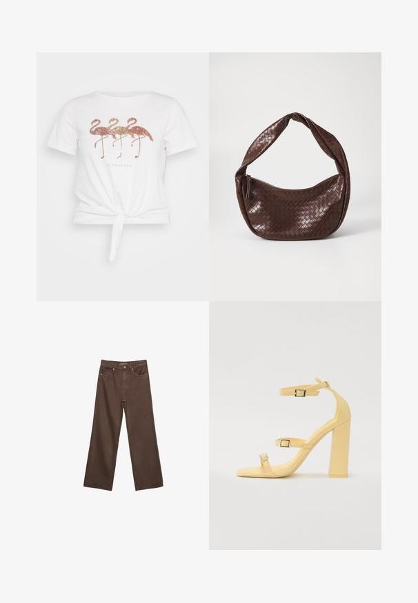 T-shirt blanc à manches courtes avec un nœud à la taille, présentant trois flamants roses scintillants et le texte "Flamazing" en dessous du design.; Jean brown à jambes larges en denim, doté d'une taille haute, de poches avant et d'une fermeture à bouton classique. Texture lisse avec des coutures subtiles.; Sandales à talons blocs jaunes avec trois sangles réglables, design à bout carré, matériau synthétique lisse et boucles en ton argent.; Sac à main en cuir tressé marron avec une poignée courbée et nouée, et une fermeture zippée. Texture lisse et forme arrondie.