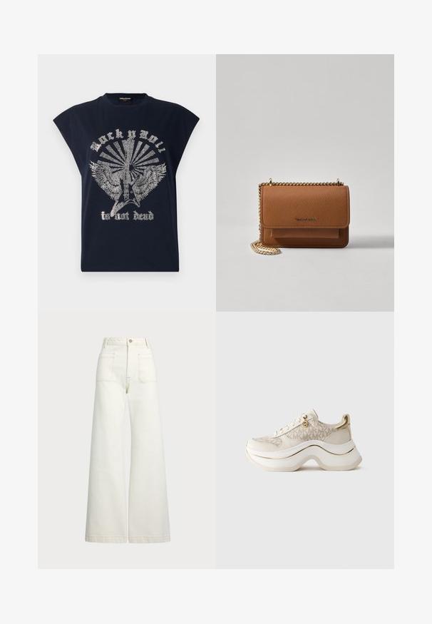 Marinblå bomullströja med vid axeldesign. Framsidan har ett silverfärgat motiv med vingar, elgitarr och texten "Rock n Roll är inte död."; Vida jeans i off-white denim. Hög midja med knappstängning, två framfickor och kontrastsömnadsdetaljer.; Beige och guldplattformssneakers med "MK"-mönster, snörning fram, guldcharm och tjock, vågig sula mot en enfärgad bakgrund.; Brun texturerad läder crossbody-väska med guldkedja och klaffstängning. Framsidan har logotypdetalj och en ficka under klaffen.