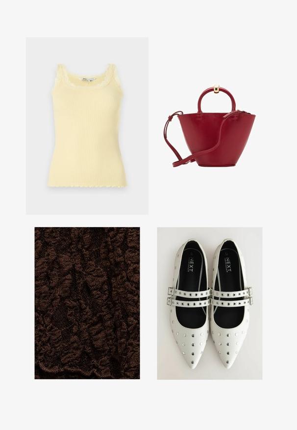 Geribbelde, mouwloze gele tanktop met een gekartelde kantnek en -zoom. Zachte textuur, aansluitend ontwerp en lichtgewicht materiaal.; Gestructureerde bruine stof met een gekreukeld patroon, voorzien van een zachte, pluizige textuur en variërende diepte, geschikt voor kleding of huishoudtextiel.; Witte leren platte schoenen met spitse neuzen, voorzien van zilveren studs en twee gespsluitingen over de wreef. Zwarte binnenvoering.; Rode leren handtas met een afgeronde bovenkant, gestructureerde kegelvorm, een kort handvat en een afneembare schouderband. Voorzien van gouden hardwareaccenten.