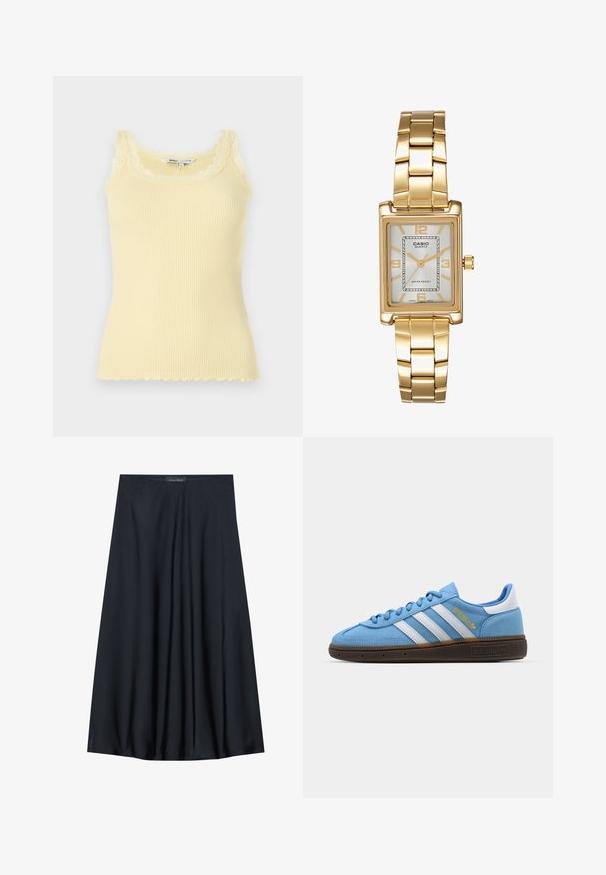 Csíkozott, ujjatlan sárga trikó, fodros csipke dekoltázzsal és szegéllyel. Puha tapintás, testhezálló forma és könnyű anyag.; Fekete, térdig érő szoknya könnyű anyagból, laza formával. Simább textúrával rendelkezik, és finom redők díszítik a részleteket.; Világoskék velúr sneaker, fehér bőr csíkkal, barna texturált talppal és arany logó részlettel. Alacsony szárú dizájn, kerek orral.; Aranyszínű, téglalap alakú karóra fehér számlappal, ezüstszínű óránymarkerekkel és strapabíró fém láncszíjjal. Vízálló funkcióval rendelkezik.