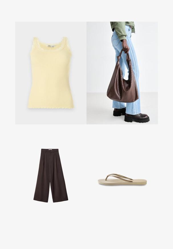 Keltainen ribbitoppi, jossa ei ole hihoja, ja jossa on aaltoileva pitsikaulus ja helma. Pehmeä rakenne, tiukka muotoilu ja kevyt materiaali.; Mustat leveät housut, joissa on korkea vyötärö, etupleikkuilla ja nappikiinnityksellä vyötäröllä, valmistettu sileästä kankaasta.; Vaaleanbeige flip-flop, jossa on teksturoitu pohja, litteä pohja ja ohuet, kiiltävät hihnat. Hihnassa on hienovarainen brändäys.; Ruskea kudottu nahkainen käsilaukku, jossa on solmittu kahva, henkilö kantaa sitä vaaleansinisten farkkujen ja mustien jykevien kenkien kanssa. Sileä, tekstuuri pinnan.
