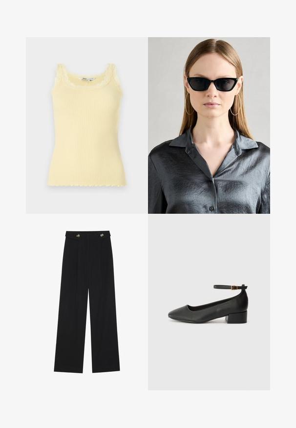 Ribota dzeltena bezpiedurkņu tanka ar viļņotu mežģīņu apkakli un apakšu. Mīksta tekstūra, pieguļošs dizains un vieglais materiāls.; Melnas platās bikses ar augstu jostasvietu, pogu detaļām uz jostas un priekšējām krokām.; Melnas ādas sūkņi ar smailu purngalu un zemu bloku papēdi. Iezīmēts ar potītes siksniņu ar zelta krāsas sprādzi. Gluda tekstūra.; Melni kaķacīšu saulesbrilles ar gludu apdari, valkātas kopā ar teksturētu pelēku krekliņu ar pogām un apkakli. Lieli riņķi ausīs ir pamanāmi.