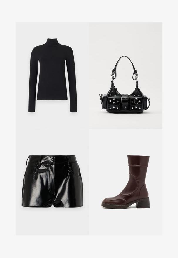 Svart höghalset tröja med långa ärmar, tillverkad av mjukt tyg. Har en figurnära silhuett och design med hög krage. Inga ytterligare mönster eller detaljer.; Svart, glänsande shorts i syntetmaterial. Har en åtsittande midja, bältesöggor och framfickor med framträdande sömnadsdetaljer.; MIISTA MALENE - Stövletter - brown; Svart läderhandväska med en kurvad design, prydd med silverfärgade nitar, ett spänne och två sidofickor. Justerbar rem för olika bäralternativ.
