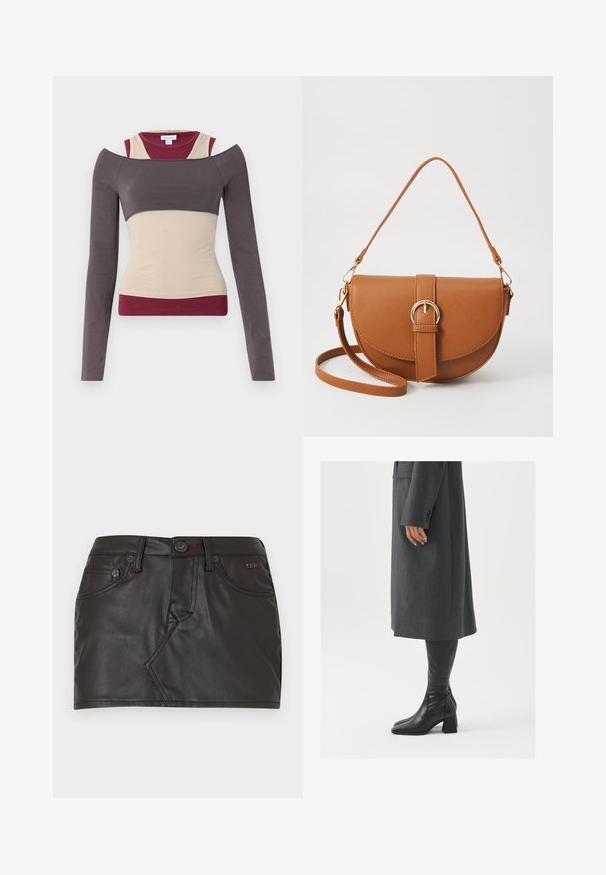 Dlhý rukáv s vrstveným dizajnom v béžovej, burgundskej a tmavosivej farbe. Obsahuje strih s odhalenými ramenami a priliehavú siluetu. Hladká textura.; Čierna kožená mini sukňa s priliehavým strihom, pásom s gombíkovým uzáverom a prednými vreckami s prešitými detailmi.; Sivý, strihovo upravený kabát so rovnými líniami; doplnený o čierne kožené čižmy po kolená s štvorcovou špičkou a robustným podpätkom.; Hnedá kožená kabelka cez telo s zakriveným tvarom, zlatými kovovými doplnkami a akcentom s prackou. Obsahuje odnímateľný ramenný popruh.