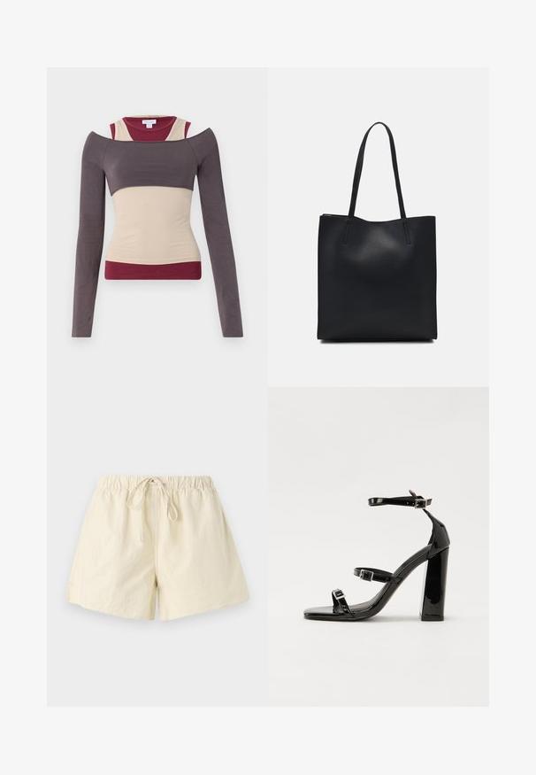 Long-sleeve top with layered design in beige, burgundy, and dark gray. Features off-shoulder cut and fitted silhouette. Smooth texture.; Beige elastic waistband shorts with a drawstring tie, featuring a relaxed fit and smooth texture. No visible pockets or patterns.; Black patent heeled sandals with a square toe, ankle straps, and silver buckles. Features a chunky block heel for stability.; Black leather tote bag with smooth texture, rectangular shape, and two long handles. No visible hardware or embellishments.