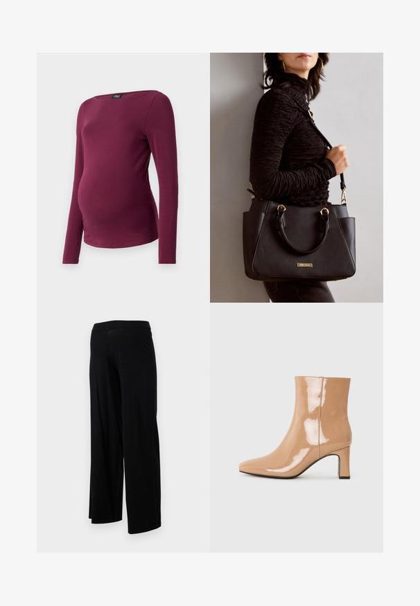 T-shirt de maternidade de manga longa em bordô, feita de tecido macio. Apresenta um decote redondo e uma forma ajustada para acomodar a barriga em crescimento.; Calças largas pretas com uma cintura elástica e uma textura suave e elástica. Apresenta um design simples, sem padrões ou adornos.; Botas de tornozelos nuas em verniz com bico pontudo, acabamento brilhante e salto bloco de altura média. Textura suave e silhueta elegante.; Bolsa preta com superfície texturizada, alças superiores duplas e alça de ombro ajustável. Apresenta ferragens em tom dourado e bolsos laterais.