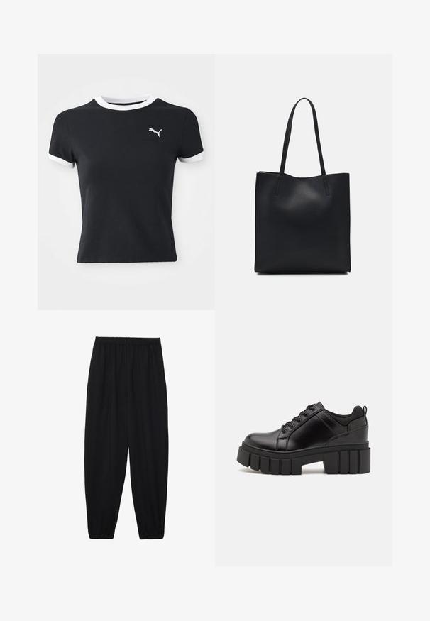 Juodas medvilninis marškinėliai trumpomis rankovėmis su baltais apykaklės ir rankovių akcentais; dešinėje krūtinės pusėje yra mažas baltas Puma logotipas. Trumpas rankovės, prigludusi forma.; Juodi, lengvi kelnių su elastinga juosmens juosta ir surinktais kulkšniais. Audinys yra lygus ir turi atsipalaidavusį, siaurėjantį dizainą.; Juodi odiniai platformos batai su masyviu blokuota kulniuku, apvalia nosimi ir tradiciniu šnypštimo dizainu. Turintys glotnų paviršių ir minimalų dekoravimą.; Juodas odinis tote krepšys su lygia tekstūra, stačiakampio formos ir dviem ilgais rankenomis. Matomų metalinių detalių ar puošybos nėra.