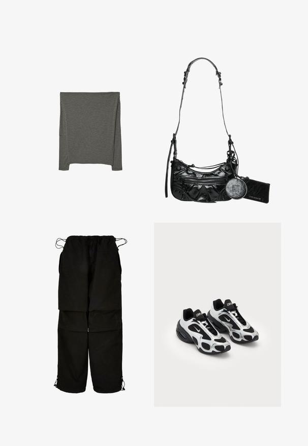 Pitkähihainen mustavalkoraidallinen paita, joka on valmistettu pehmeästä kankaasta. Paidassa on venepääntie ja sivuaukot liikkumisen helpottamiseksi.; Musta housut, jotka on valmistettu kevyestä kankaasta, sisältävät säädettävän vyötärön ja nyörilliset lahkeensuut. Suunniteltu löysäksi, ylisuureksi istuvuudeksi ja useilla taskuilla.; Musta ja hopea urheilukengät, joissa on Verkkomateriaalia ja synteettistä yläpintaa, erottuvaa aaltoilevaa muotoilua ja pehmustettu kaulus, ilmatyyny pohjassa.; Musta synteettisestä nahasta valmistettu käsilaukku, jossa on kaareva muotoilu, vetoketjullinen etutasku ja koristeelliset metalliosat, sekä irrotettava pyöreä kolikkopussi.