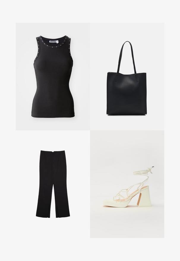 Top a fascia nera a costine con dettagli borchiati lungo il collo. Design senza maniche, silhouette aderente e realizzato in un tessuto elasticizzato.; Pantaloni neri a gamba dritta, con tasche frontali e spacchi laterali all'orlo. Realizzati in tessuto morbido e liscio. Adatti a diverse occasioni.; Sandalo bianco con tacco alto, caratterizzato da un design a cinturini e un legaccio alla caviglia. Texture liscia con una piattaforma frontale per un'altezza aggiuntiva.; Borsa tote in pelle nera con texture liscia, forma rettangolare e due manici lunghi. Nessun hardware o decorazione visibile.