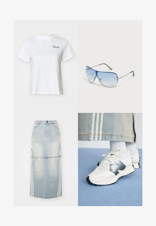 Balts kokvilnas T-krekls ar apaļu kakla izgriezumu un īsām piedurknēm. Uz tā ir neliels, izšuvums "Columbia" gaiši zaļā krāsā.; Gaiši zils denim midi svārks ar sānu svītrām, pieguļošu vidukli un priekšējām kabatām. Nolietots raksts piešķir detaļas.; Baltie sporta apavi ar sudraba akcentu, teksturētu audumu un gludu ādu; aprīkoti ar melnu gumijas zoli un šņorēm.; Pilotstila saulesbrilles ar gradienta zilām lēcām, sudraba metāla rāmjiem un dekoratīvām zvaigžņu akcentiem uz lēcām. Gluda un eleganta dizaina.