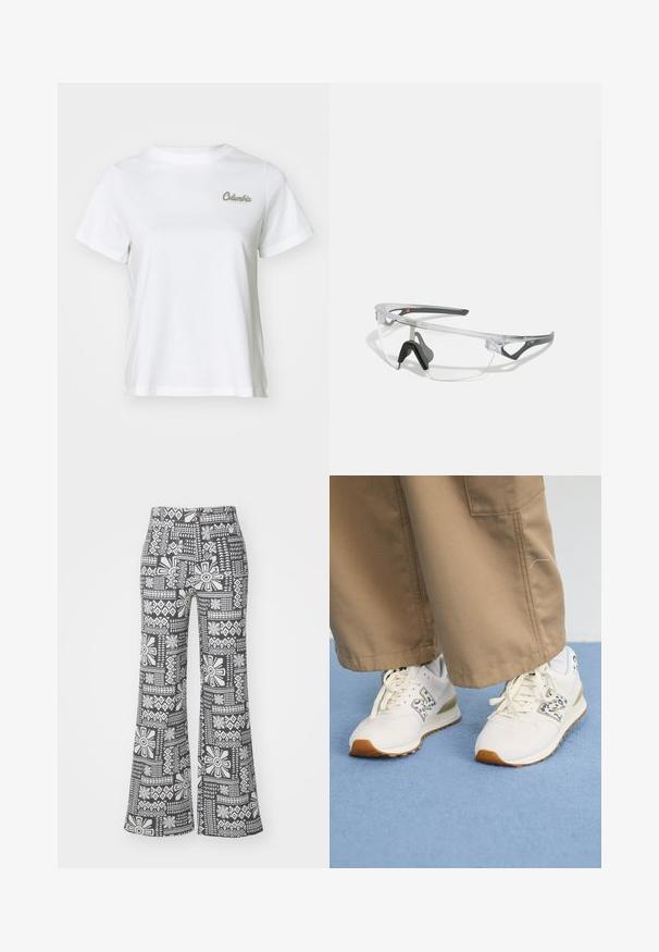 White cotton t-shirt with a crew neckline and short sleeves. Features a small, embroidered "Columbia" logo in light green.; Black and white flared pants featuring a geometric floral pattern. Made from lightweight fabric with a smooth texture.; White athletic shoes with a textured, beige rubber sole. They feature a blue animal print accent and flat, beige laces, paired with tan pants.; Clear safety glasses with a lightweight, transparent frame and gray accents. Features a wraparound design and adjustable nosepiece.