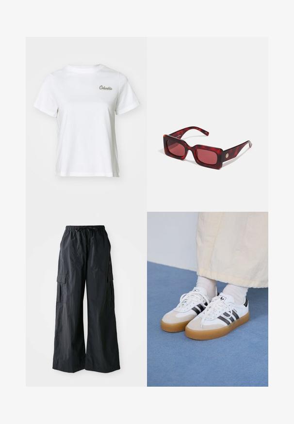 Balta medvilninė marškinėliai su apvaliu kaklu ir trumpomis rankovėmis. Pasižymi mažuoju, siuvinėtu "Columbia" logotipu šviesiai žalia spalva.; Juodos kargo kelnės, pagamintos iš lengvos medžiagos, su plačiomis kojomis, elastingu juosmeniu ir keliais šoniais kišenėmis. Paprastos ir funkcionalios.; Baltos sportbačiai su noir juostomis ir šviesiai rudos zomšos akcentais. Yra tekstūruota gumos padas ir plokščiomis baltomis raištelėmis, dėvimi su šviesiai spalvotomis kojinėmis.; Raudonai nudažyti stačiakampiai akiniai nuo saulės su storu rausvu vėžlio kiauto rėmu. Yra aukso tono akcentas ant šventyklos. Sklandus paviršius ir blizgantis apdaila.