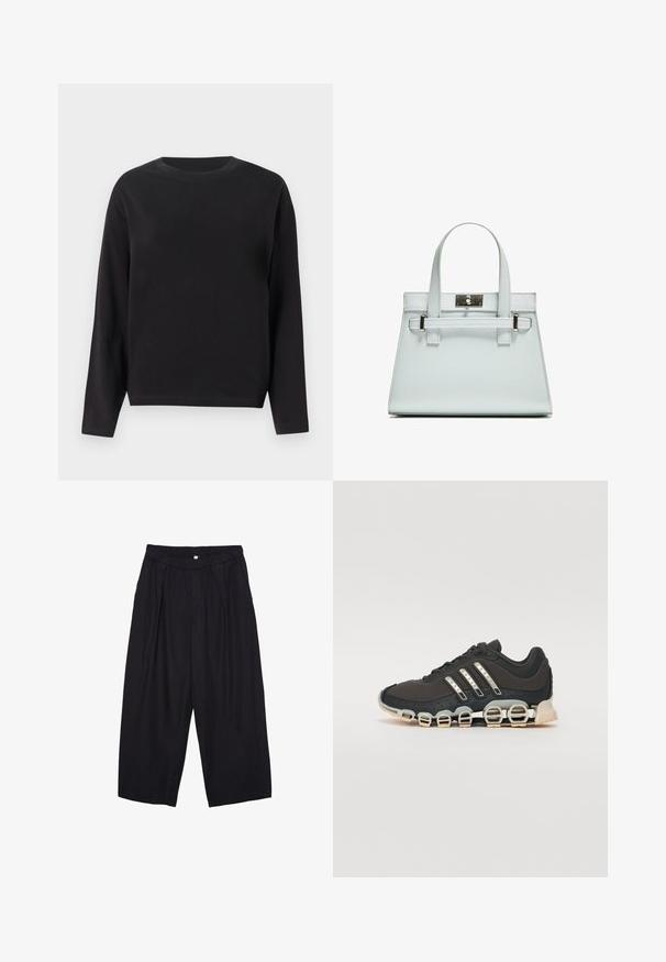 Schwarz langärmliges T-Shirt aus Baumwolle, mit rundem Halsausschnitt und lässiger Passform, mit glatter Textur und ohne sichtbare Muster oder Akzente.; Schwarze Polyester-Culotte mit einem elastischen Bund, zwei vorderen Falten und einer lockeren Silhouette. Keine sichtbaren Muster oder Hardware-Details.; Schwarzer Sportschuh mit einer strukturierten Oberseite, drei silbernen Streifen und einer markanten Dämpfungssohle mit mehreren integrierten Sektionen.; Helle blaue Handtasche mit strukturiertem Design, zwei Griffen und einem Beschlag aus silberfarbenem Metall. Texturiertes Material und scharfe Ecken.