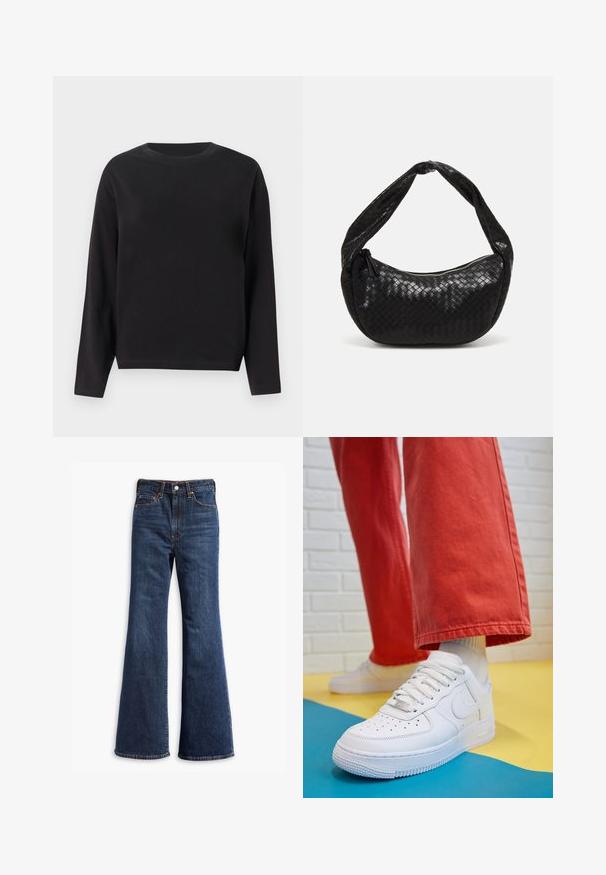 Black long-sleeve t-shirt made of cotton, featuring a crew neckline and a relaxed fit, with a smooth texture and no visible patterns or accents.; High-waisted dark blue denim jeans with flared legs, front button and zipper closure, and five-pocket design.; White leather sneaker with perforated toe box, textured sole, and white laces, paired with wide red pants and a blue and yellow background.; Black woven leather handbag with a curved shape, featuring a thick handle and a zip closure. Textured surface with a glossy finish.