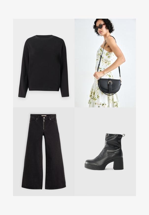 Svart långärmad T-shirt i bomull, med rundad halsringning och en avslappnad passform, med en slät textur och utan synliga mönster eller detaljer.; Breda jeans i svart denim med dragkedja fram, femfickorsdesign och subtila sömdetaljer. Slät textur och avslappnad stil.; Svarta ankelstövlar i slitstark läder, med sidodragkedja, kraftig strukturerad klack och rundad tådesign.; Svart läderhandväska med en böjd form, avtagbar rem och guldiga detaljer. Väskan har ett lock med en spänndetalj.