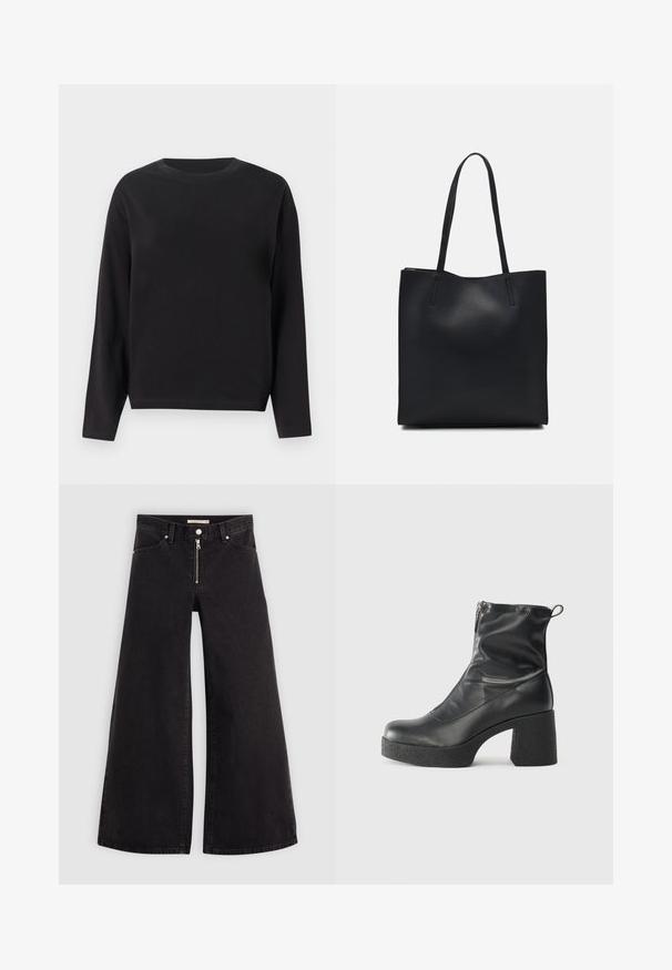 Crna dugouha majica od pamuka s okruglim izrezom i opuštenim krojem, s glatkom teksturom i bez vidljivih uzoraka ili akcenta.; Široke traperice od crnog denima s prednjim zatvaračem, dizajnom s pet džepova i suptilnim detaljima šivanja. Glatka tekstura i ležeran stil.; Crne gležnjače od glatke kože, s bočnim zatvaračem, debelim teksturiranim potplatom i dizajnom s zaobljenim prstima.; Crna kožna torba za nošenje s glatkom teksturom, pravokutnim oblikom i dvije duge ručke. Nema vidljivih metalnih dijelova ili ukrasa.