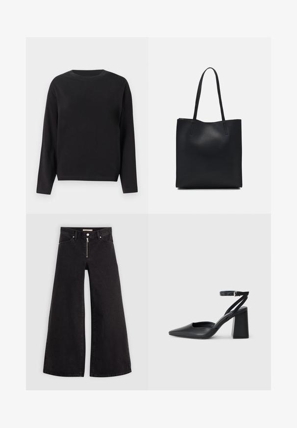 Black long-sleeve t-shirt made of cotton, featuring a crew neckline and a relaxed fit, with a smooth texture and no visible patterns or accents.; Wide-leg jeans in black denim with a zippered front, five-pocket design, and subtle stitching details. Smooth texture and casual style.; Black leather pointy-toe pump with an ankle strap and a chunky heel. Flat texture, sleek design, and minimalistic aesthetics.; Black leather tote bag with smooth texture, rectangular shape, and two long handles. No visible hardware or embellishments.