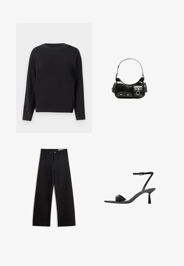 Fekete, hosszú ujjú póló, pamutból készült, kerek nyakkivágással és laza szabással, sima textúrával, látható minták vagy díszítések nélkül.; Fekete, bő szabású farmernadrág magas derékkal, elülső és hátsó zsebekkel, varrott felületekkel és gombos záródással. Sima textúra.; Bershka Magas sarkú szandálok - black; Fekete lakkbőr kézitáska ívelt formával, egy vállpánttal, elülső zsebekkel és ezüstszínű fémrészletekkel.