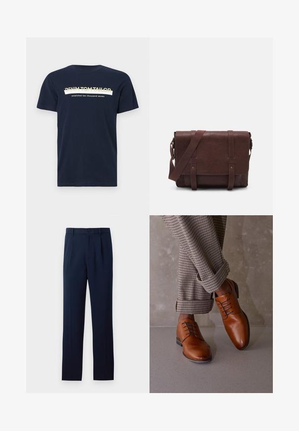 Navy blue cotton t-shirt with short sleeves and a crew neckline. Features white and gold text: "DENIM TOM TAILOR" and "established two thousand seven."; Three long-sleeve shirts: light blue, white, and navy. All have a classic collar and button-down front, made of smooth fabric.; Navy blue trousers made of smooth fabric, featuring a single button closure, pleats, and straight legs. Minimalist design with no notable patterns.; Brown leather shoes feature a rounded toe, five eyelet lace-up design, and contrasting dark laces. Pants are plaid, rolled at the cuffs.; Brown leather messenger bag with a flat front flap, two straps, gold hardware accents, and an adjustable shoulder strap.