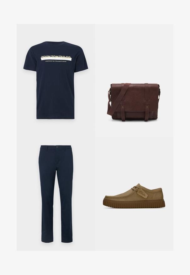 Navy blue cotton t-shirt with short sleeves and a crew neckline. Features white and gold text: "DENIM TOM TAILOR" and "established two thousand seven."; Dark navy chinos made of smooth fabric. Straight leg design with a single button closure and belt loops. No visible patterns or accents.; Light brown suede shoes with a rounded toe, stitched detailing, and a ribbed brown rubber sole. Features a side tag with "Clarks" logo.; Brown leather messenger bag with a flat front flap, two straps, gold hardware accents, and an adjustable shoulder strap.