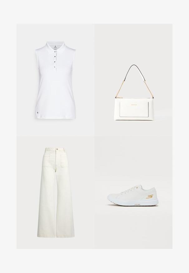 Bílý bezrukávový polokošile s límečkem, pěti knoflíkovou légou a jemným brandingem na lemu. Měkká tkanina s hladkým povrchem.; Džíny s širokými nohavicemi v off-white denim. Vysoký pas s knoflíkovým zapínáním, dvě přední kapsy a detaily kontrastního šití.; Bílé tenisky s hladkým syntetickým svrškem, zlatými akcenty a pevným gumovým podešví. Mají kulatou špičku, šněrovací design a polstrovaný interiér.; Bílá kožená kabelka s texturovaným povrchem, zdobená zlatým řetízkem a černými akcenty. Obsahuje přední kapsu a uzavírání na zip.