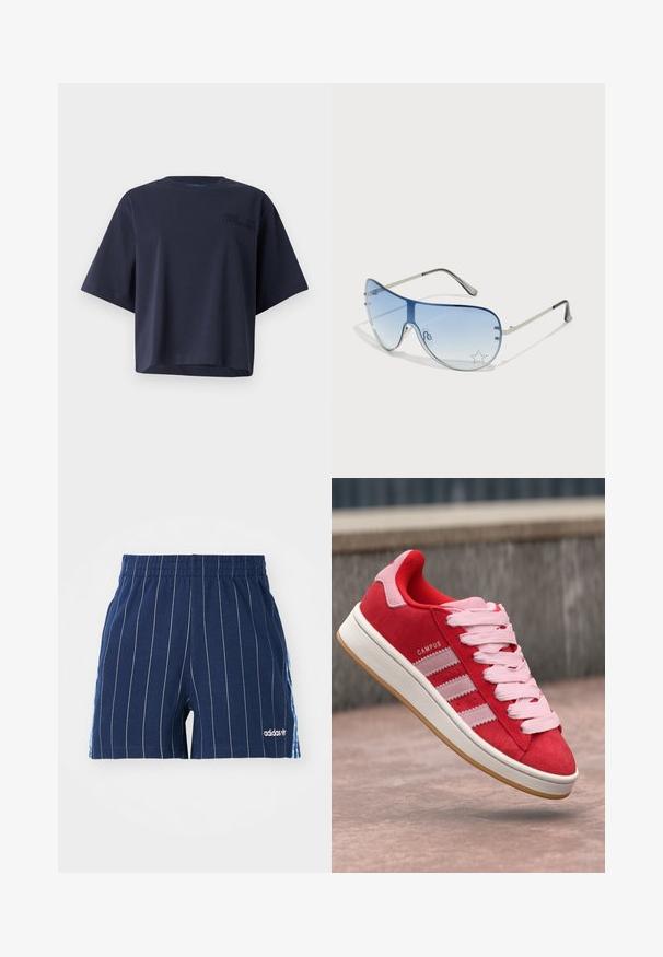 Mørkeblå bomulls t-skjorte med rund hals og korte ermer. Har en teksturert logo på brystet og en avslappet, cropped passform.; Mørkeblå shorts med hvite striper, elastisk midje og Adidas-logo. Har blå detaljer på sidene, laget av en bomullsblanding.; Røde semskede joggesko med rosa detaljer, med tre hvite striper og lyserosa snører. Hvit såle og gummisåle.; Pilotbriller med gradient blå linse, sølvfarget metallramme og dekorative stjerneaksenter på linsen. Glatt og stilren design.