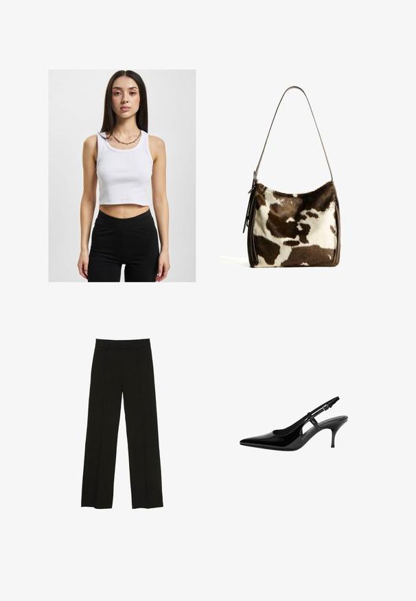 Hvid cropped tanktop med ribbet tekstur og bred halsudskæring, parret med sorte høj taljede leggings og en sølv kædede halskæde.; Sorte brede bukser lavet af et glat stof, med en tætsiddende talje og subtile frontfolder for ekstra tekstur.; Sorte patentlæder slingback-pumper med spids tå, åbne sideudskæringer, slank hæl og justerbar ankelrem.; Brun og creme farvet koe læder skuldertaske med en glat læderrem, lynlås lukning og en blød, tekstureret overflade med et naturligt mønster.