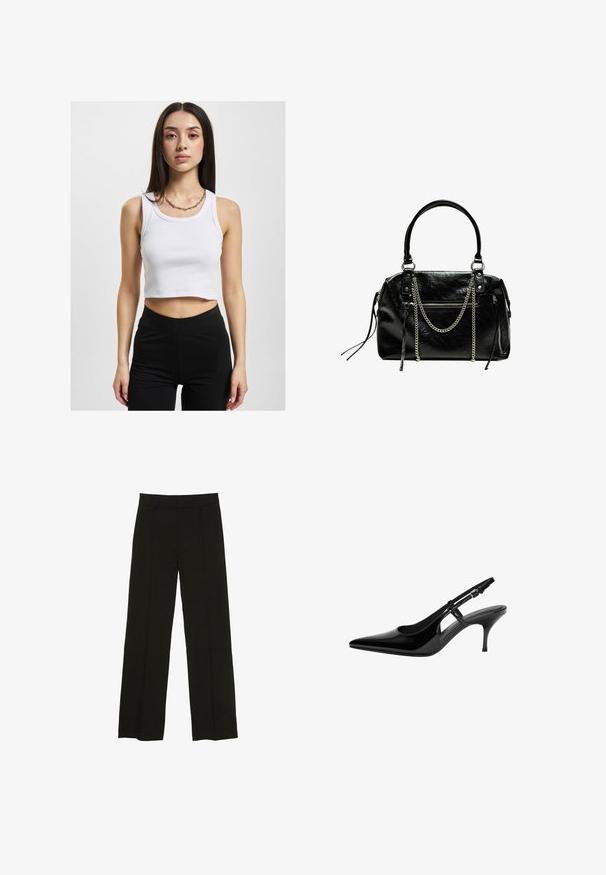 Biely skrátený top bez rukávov s jemnou štruktúrou a širokým dekoltom, skombinovaný s čiernymi legínami s vysokým pásom a strieborným retiazkovým náhrdelníkom.; Čierne široké nohavice vyrobené z hladkej tkaniny, so priliehavým pásom a jemnými prednými záhybmi pre zvýšenie textúry.; Čierne lakované lodičky na podpätku so špicatou špičkou, otvorenými bokmi, štíhlým podpätkom a nastaviteľným remienkom okolo členka.; Bershka WITH CHAIN - Kabelka - black