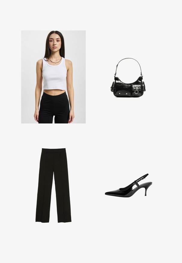Bela skrajšana majica brez rokavov z rebrastim teksturo in širokim ovratnikom, v kombinaciji z črnimi hlačami z visokim pasom in srebrnim verižnim ogrlicom.; Črne široke hlače iz gladkega materiala, z oprsnikom in diskretnimi sprednjimi plisami za dodano teksturo.; Črne patentne usnjene slingback čevlje s koničastim nosom, odprtimi stranskimi izrezi, ozkim petam in nastavljivim gležnjava.; Črna lakasta usnjena torbica s ukrivljeno obliko, enim ramenskim trakom, sprednjimi žepi in srebrnimi kovinskimi dodatki.