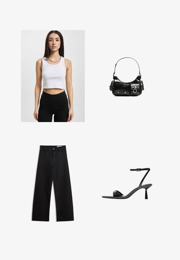 Bílý zkrácený top s ribovanou strukturou a širokým výstřihem, v kombinaci s černými legíny s vysokým pasem a stříbrným řetízkem.; Černé denimové kalhoty s volným střihem a vysokým pasem, vybavené předními a zadními kapsami, prošívanými švy a knoflíkovým zapínáním. Hladká textura.; Bershka Sandály na vysokém podpatku - black; Černá lakovaná kožená kabelka s křivkovým tvarem, jedním ramenním popruhem, předními kapsami a stříbrnými kovovými detaily.