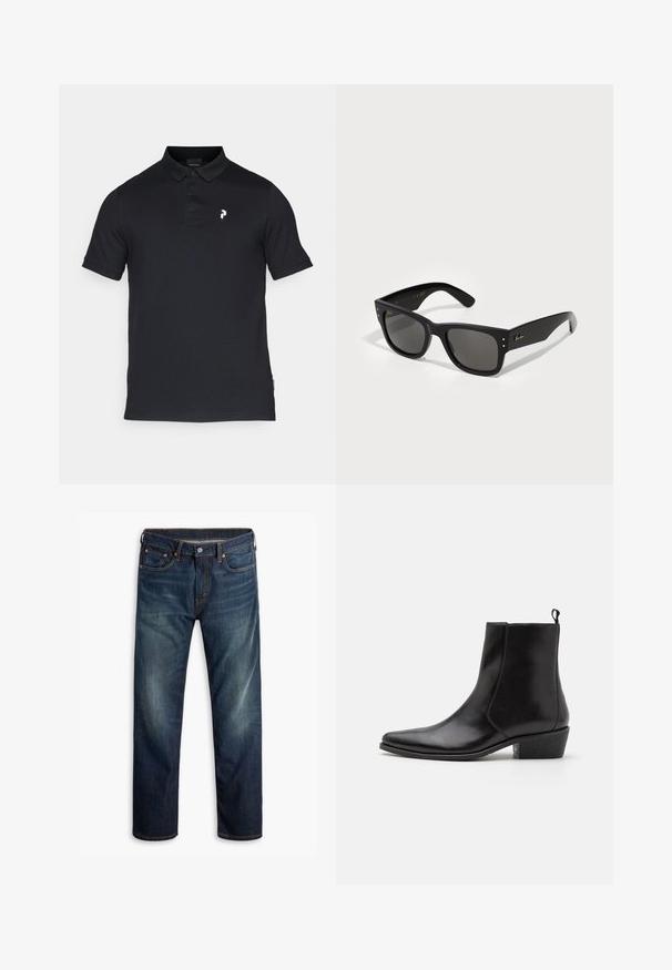 Schwarzes Poloshirt aus Baumwolle mit einem Kragen, drei Knöpfen und einem kleinen weißen Logo auf der linken Brust. Kurze Ärmel, klassischer Schnitt.; Dunkelblaue Jeans aus Denim mit leichtem Verblassen an den Oberschenkeln, Fünf-Taschen-Design, Knopfverschluss und sichtbaren orangen Nähten auf weißem Hintergrund.; Zign LEATHER - Cowboy-/Bikerstiefelette - black; Schwarze Sonnenbrille mit quadratischem Rahmen, ausgestattet mit dunklen Gläsern. Akzentuiert mit kleinen goldfarbenen Punkten und einem goldenen Logo an den Bügeln. Weiße Oberfläche.