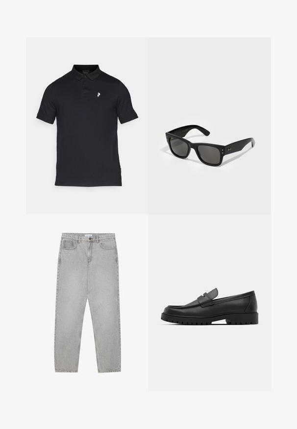 Schwarzes Poloshirt aus Baumwolle mit einem Kragen, drei Knöpfen und einem kleinen weißen Logo auf der linken Brust. Kurze Ärmel, klassischer Schnitt.; Helle graue Jeanshose mit gerade geschnittenem Design, Fünf-Taschen-Stil und Knopfverschluss. Sichtbare Nähte entlang der Seitennähte.; Schwarze Lederloafer mit runder Zehenform, ausgestattet mit einem gesteppten Design, niedrigem Plattformsohle und einer strukturierten, genoppten Gummisohle.; Schwarze Sonnenbrille mit quadratischem Rahmen, ausgestattet mit dunklen Gläsern. Akzentuiert mit kleinen goldfarbenen Punkten und einem goldenen Logo an den Bügeln. Weiße Oberfläche.