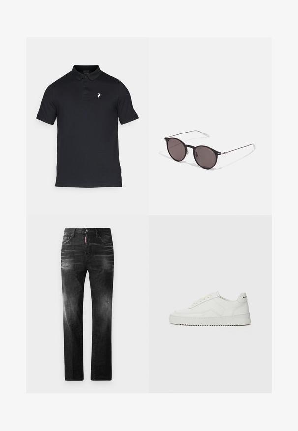Mustapaita, joka on valmistettu puuvillasta ja jossa on kaulus, kolme nappia ja pieni valkoinen logo vasemmassa rinnassa. Lyhyet hihat, klassinen malli.; Mustat denimfarkut suoralla istuvuudella. Ominaisuuksiin kuuluu haalistuneita alueita, pieniä kulumia, klassinen viiden taskun malli sekä nappisulku.; Valkoinen nahkakenkä, jossa on sileä pinta, pyöreä kärki, tasaiset nauhat ja teksturoitu pohja. Sisältää huomaamattoman logon kantapäässä.; Musta pyöreä aurinkolasit tummilla linsseillä ja kapeilla metallikehyksillä. Sisältää kirkkaat temppelet ja hopeiset yksityiskohdat saranassa. Minimalistinen muotoilu.