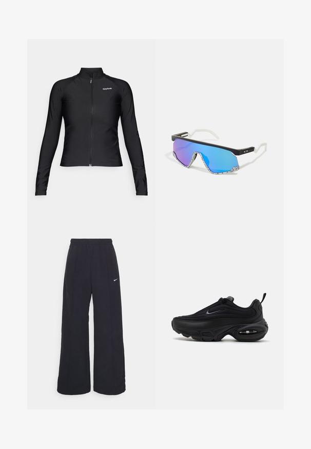 Juodas ilgos rankovės dviračių švarkas su užtrauktuku priekyje, pagamintas iš tamprios medžiagos. Savybės: aukštas apykaklė ir "GripGrab" logotipas ant krūtinės.; Juodos plačios kojos kelnės su elastinga liemene ir mažuoju baltu Nike logotipu. Audinys turi lygią tekstūrą, sukurtas patogumui ir kasdieniam nešiojimui.; Juodas sportinis batas su lygiu, tekstūruotu paviršiumi. Turi apvalų nosį, paminkštintą apykaklę ir matomą oro pagalvę padais.; Sportiniai akiniai nuo saulės su juodu rėmu, baltais akcentais ir mėlynais gradientiniais veidrodiniais lęšiais. Tekstūruotos baltos ir juodos raštuotos šakės.