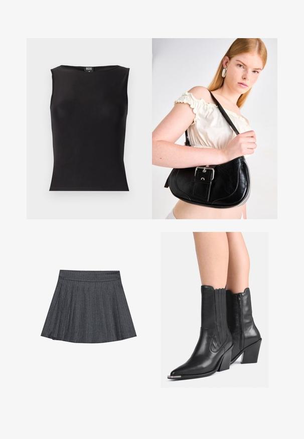 Must have kaelusega must voodriga tops, mis on valmistatud elastsetest kangast, omab ümarat kaelust, lihvitud siluetti ja sujuvat tekstuuri. Sildiga seestpoolt nähtav.; Halli pinstriped skater seelik, millel on sobiv vöökoht, flared A-line kuju ja pehme kangas. Vertikaalsed jooned suurendavad visuaalset huvi.; Mustad musta nahast poolpikkade cowboy saapad, terava ninaga, kihtidega kontsadega, külgzipperiga ja dekoratiivsete õmblustega, kantud paljaste jalgade peal.; Must küllast must nahk õlakott, millel on kõver kuju, läikiv hõbedane riistvara ja eemaldatav silt. Sile tekstuur, millel on peened õmblused.; Hõbedased rõngas kõrvarõngad, millel on sile ja poleeritud viimistlus. Ümmargune kuju, millel on veidi kumer disain ja sulandatud servad. Klambri sulgemine.