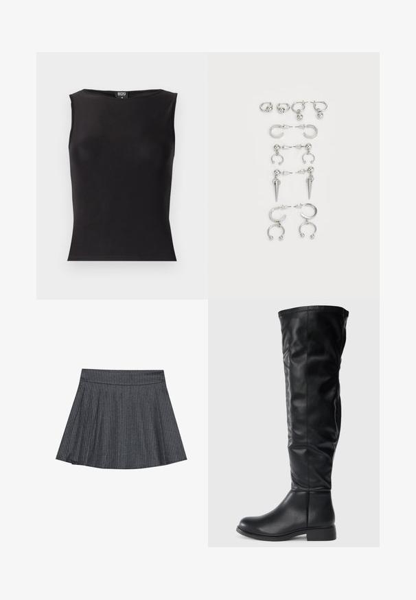 Čierny bezrukávový top vyrobený z elastického materiálu, s okrúhlym výstrihom, priliehavým strihom a hladkou textúrou. Viditeľná značka vo vnútri.; Sivý sukňa s prúžkami v štýle skater s priliehavým pásom, rozšíreným A-čkovým strihom a jemnou textúrou látky. Vertikálne pruhy zvyšujú vizuálny záujem.; Čierne kožené vysoké čižmy po kolená, s okrúhlou špičkou, nízkym blokovým podpätkom a mierne voľným paholkom so švy.; Sada strieborných náušníc s rôznymi dizajnmi: kruhové, puzety a visiace štýly, s okrúhlymi akcentmi a špicatými prvkami.