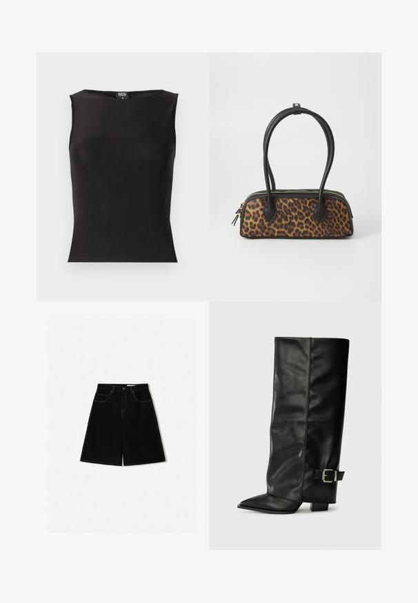 Černý bezrukávový top vyrobený z elastického materiálu, s kulatým výstřihem, přiléhavým střihem a hladkou texturou. Štítek viditelný uvnitř.; Černé džínsové šortky s volným střihem, které mají pět kapes, žluté švy a středně vysoký pas.; Černé kožené kotníkové boty až po kotníky s špičatou špičkou, hladkým povrchem a stříbrnou sponou na boku. Masivní čtveritý podpatek.; Kabelka s leopardím vzorem má černý základ z umělé kůže, dvojité horní uši, zlatý zip a akcenty z černé umělé kůže. Obdélníkový tvar.