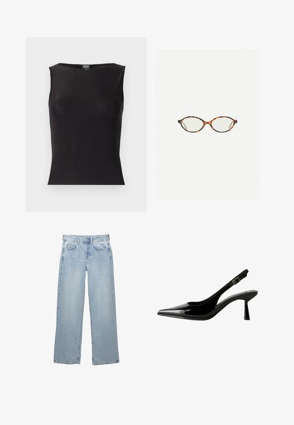 Czarny bezrękawnik wykonany z elastycznego materiału, z okrągłym dekoltem, dopasowanym krojem i gładką teksturą. Widoczna metka wewnątrz.; Jasnoniebieskie dżinsy wykonane z denimu o szerokich nogawkach, z zapięciem na guzik i zamek, pięcioma kieszeniami i minimalistycznymi detalami szycia.; Czarne lakierowane pantofle na obcasie typu slingback z ostrym noskiem, wyciętymi bokami, regulowanym paskiem na kostce i cienkim, smukłym obcasem.; Okulary w kolorze tortoiseshell z owalnymi soczewkami i gładkim, eleganckim wykończeniem. Posiadają cienkie boki z delikatnym łukiem w okolicy skroni. Przezroczyste soczewki.; Czerwona skórzana torebka na ramię o zakrzywionym kształcie, gładkiej fakturze i zamek błyskawiczny. Posiada cienką rączkę do noszenia.