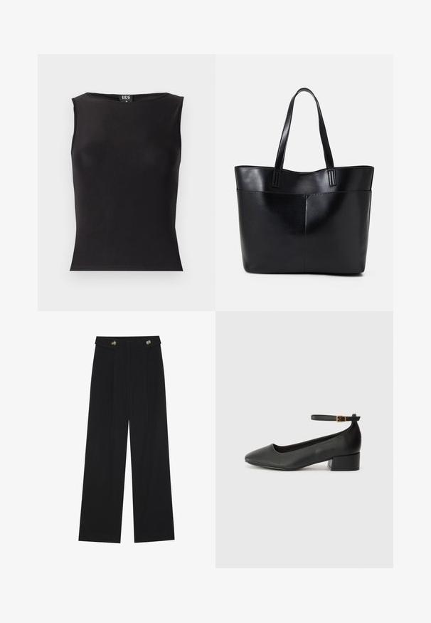Čierny bezrukávový top vyrobený z elastického materiálu, s okrúhlym výstrihom, priliehavým strihom a hladkou textúrou. Viditeľná značka vo vnútri.; Čierne široké nohavice s vysokým pásom, so zapínaním na gombíky na páse a prednými sklady.; Čierne kožené lodičky s špicatou špičkou a nízkym blokovým podpätkom. Obsahuje remienok okolo členka so zlatým prackou. Hladký povrch.; Čierna kožená tote taška s dvoma dlhými rúčkami, hladkým povrchom a štruktúrovaným tvarom. Obsahuje prednú kapsu pre dodatočné uskladnenie.