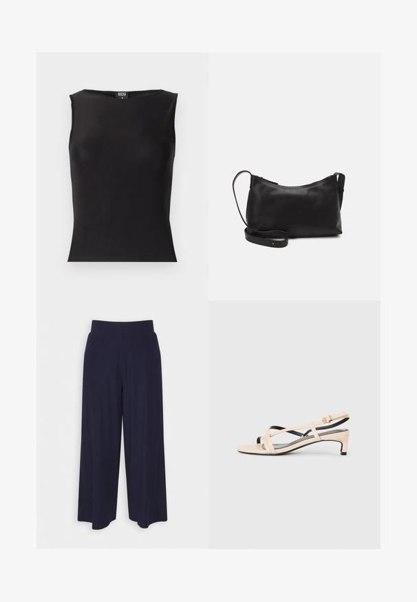 Top negru fără mâneci, realizat dintr-un material elastic, cu un decolteu rotund, siluetă ajustată și textură netedă. Eticheta este vizibilă în interior.; Pantaloni cu croi larg din țesătură de culoare bleumarin închis, cu un model texturat. Prezintă un brâu neted și o siluetă fluidă, ajungând până la jumătatea gambei.; Sandale slingback din piele bej, cu bretele încrucișate, toc jos și accente negre. Textură netedă și design minimal.; Geantă de umăr din piele neagră, cu o textură netedă, formă curbată, curea ajustabilă și închidere cu fermoar. Design minimalist, fără embellishments.