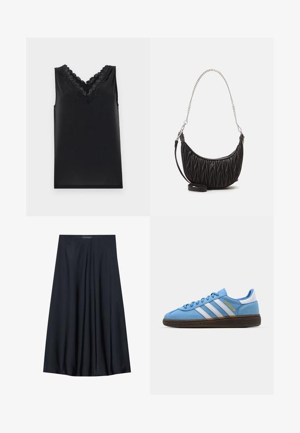 Juodas be rankovių marškinėlis su V formos iškirpte. Pasižymi sudėtingais nėrinių akcentais ir sklandžia, švelnia tekstūra. Paprastas dizainas, be raštų ar puošmenų.; Juoda, iki kelių siekianti sijonas, pagamintas iš lengvos medžiagos, turinčios sraunią struktūrą. Jame yra lygus paviršius ir subtilūs raukiniai, skirti papildomam akcentui.; Šviesiai mėlyni suediniai sportbačiai su baltomis odinėmis juostelėmis, ruda tekstūruota padais ir auksiniu logotipo akcentu. Žemas dizainas su apvaliu pirštu.; Juodas dirbtinės odos rankinukas su gamuota tekstūra, išlenkta forma, sidabriniu grandininiu dirželiu ir mažos logotipo detalės priekyje.; Aukso spalvos kvadratinis laikrodis su baltu ciferblatu, sidabro spalvos valandų žymekliais ir patvariu metaliniu apyrankiu. Įtrauktas vandeniui atsparus funkcionalumas.