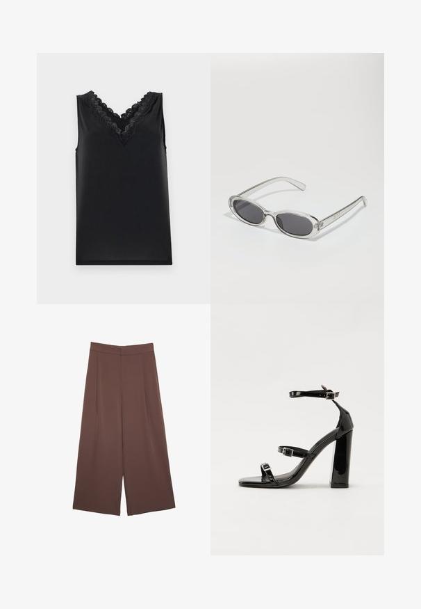 Črna brezrokavnik s V-izrezom. Ima zapleteno čipkastono okrasitev in gladko, mehko teksturo. Preprost dizajn, brez vzorcev ali dodatkov.; Rjave široke hlače z gladko teksturo, ki imajo visok pas in sprednje naborke. Tkanina je lahka in prosto pada.; Črne lakirane sandale s peto, kvadratnim prstom, trakovi okrog gležnja in srebrnimi zaponkami. Opremljene so s stabilno Debelo peto.; Sončna očala ovalne oblike, prozoren plastičen okvir, temno sivi leči in tanke prozorne roke z logotipnimi akcenti in minimalnimi detajli.