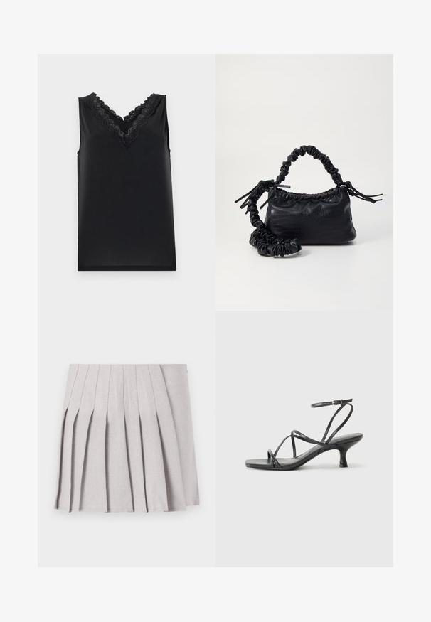 Black sleeveless top with a V-neckline. Features intricate lace detailing and a smooth, soft texture. Simple design, no patterns or accents.; Gray pleated skirt with a smooth texture, featuring multiple vertical folds and a fitted waistline. Made from lightweight fabric.; Black heeled sandals with thin straps, open toe design, and a small, flared heel. The material appears smooth and glossy.; Black faux leather handbag with a crocodile texture, cinched top, and a scrunched strap. Appears soft and compact in design.