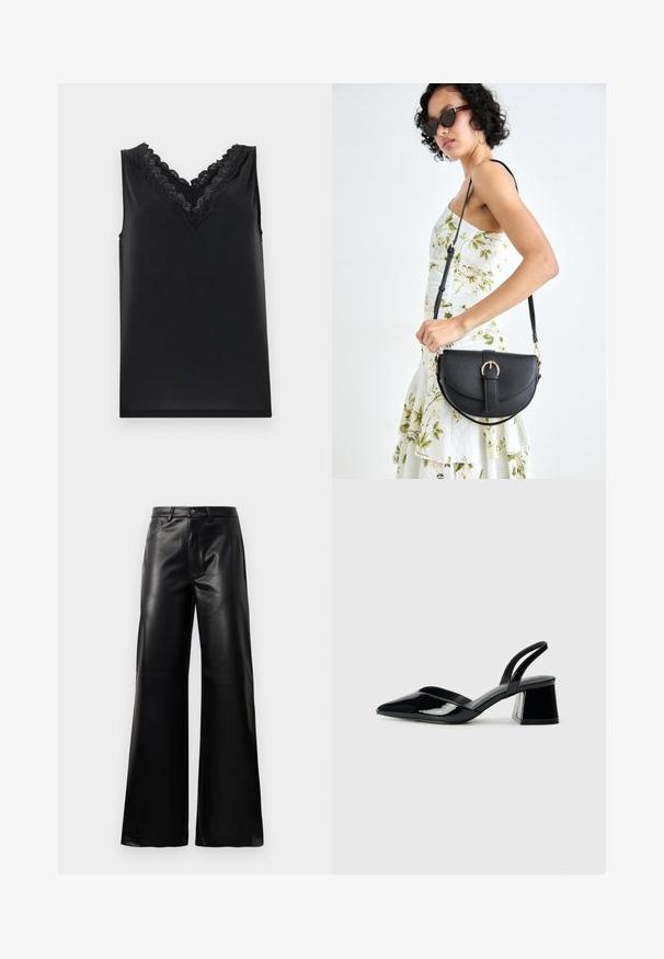 Svart ermeløs topp med V-hals. Har intrikate blonde detaljer og en glatt, myk tekstur. Enkelt design, ingen mønstre eller aksenter.; Sorte høy midje vide ben bukser i imitert skinn med knapp foran, glidelås, beltehemper og sidelommer på hvit bakgrunn.; Svarte patentlær slingback hæler med spiss tå og geometrisk blokk hæl. Har et stilrent, minimalistisk design og jevn tekstur.; Svart lærveske med en buet form, avtagbar stropp og gullbeslag. Vesken har et klaff med spenne-detall.