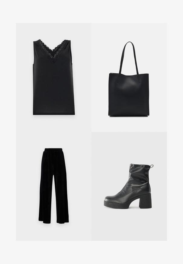 Black sleeveless top with a V-neckline. Features intricate lace detailing and a smooth, soft texture. Simple design, no patterns or accents.; Black wide-leg trousers made of soft velvet, featuring an elastic waistband and a smooth texture, with no visible detailing or patterns.; Black ankle boots made of smooth leather, featuring a side zipper, chunky textured heel, and rounded toe design.; Black leather tote bag with smooth texture, rectangular shape, and two long handles. No visible hardware or embellishments.