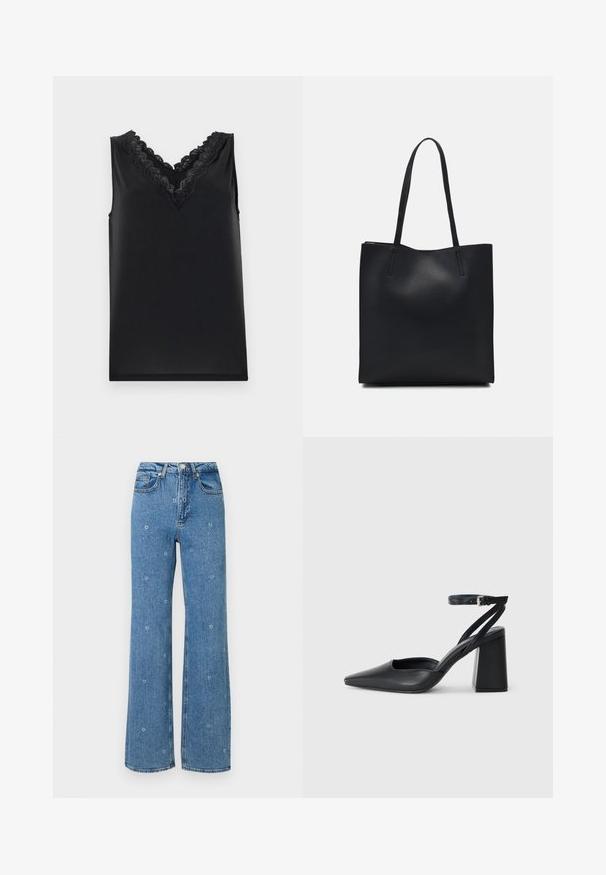 Black sleeveless top with a V-neckline. Features intricate lace detailing and a smooth, soft texture. Simple design, no patterns or accents.; Blue high-waist straight-leg jeans with small white floral embroidery scattered across the fabric.; Black leather pointy-toe pump with an ankle strap and a chunky heel. Flat texture, sleek design, and minimalistic aesthetics.; Black leather tote bag with smooth texture, rectangular shape, and two long handles. No visible hardware or embellishments.