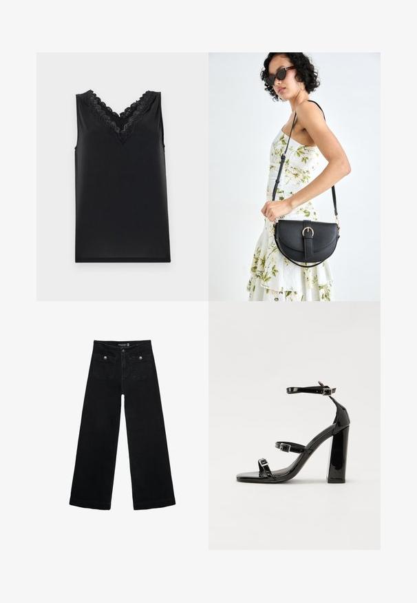 Črna brezrokavnik s V-izrezom. Ima zapleteno čipkastono okrasitev in gladko, mehko teksturo. Preprost dizajn, brez vzorcev ali dodatkov.; Črne široke kavbojke z visokim pasom, ki imajo dva sprednja žepa in kovinske gumbi. Tkanina ima gladko teksturo.; Črne lakirane sandale s peto, kvadratnim prstom, trakovi okrog gležnja in srebrnimi zaponkami. Opremljene so s stabilno Debelo peto.; Črna usnjena torbica s ukrivljeno obliko, z odstranljivo naramnico in zlatimi dodatki. Torbica ima pokrov s podrobnostmi v obliki zaponke.