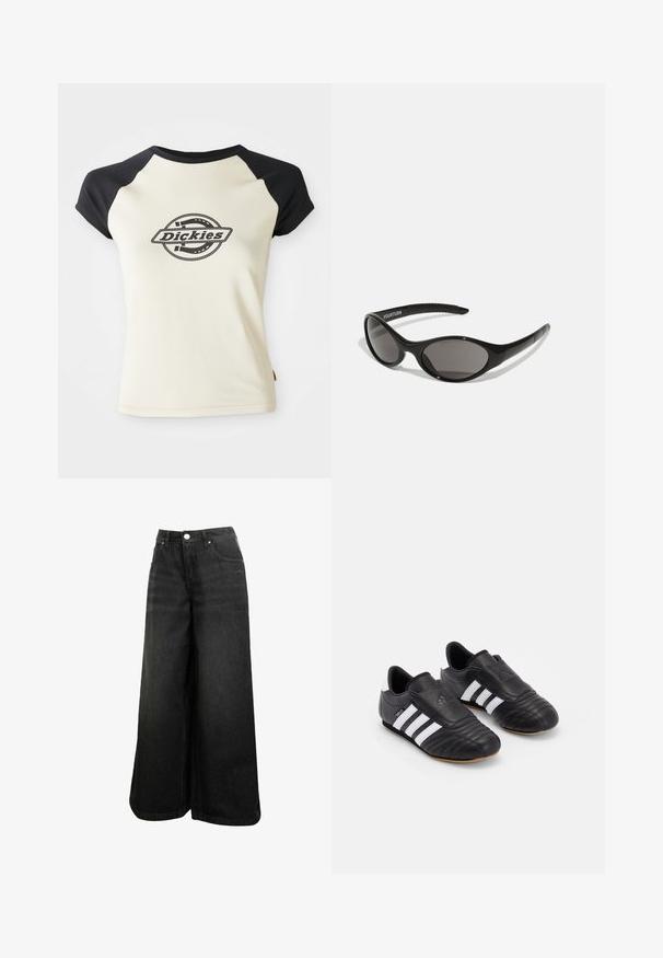 Cremfarbene T-Shirt mit schwarzen Raglanärmeln, das ein kreisförmiges Logo mit dem Text "Dickies" in der Mitte auf weißem Hintergrund zeigt.; Schwarze weit geschnittene Jeans mit hoher Taille, Frontknopf, Taschen und dezentem Logo auf der Vorder-Tasche.; Schwarze Fußballschuhe mit einem strukturierten Lederoberteil, ausgestattet mit einer gepolsterten Vorderseite, drei weißen Streifen an den Seiten und einer Gummisohle.; Schwarze Sonnenbrille mit ovaler Form und dunklen Gläsern. Schlanker Kunststoffrahmen mit strukturierten Akzenten an den Bügeln. Branding an der Seite.